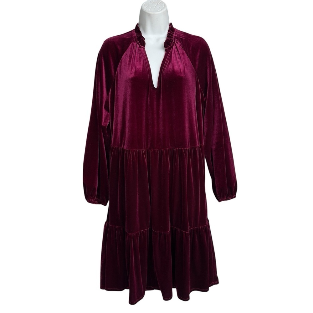 CeCe Tiered Velvet Babydoll Dress Women’s Plus 1X Long Sleeve V-Neck burgundy